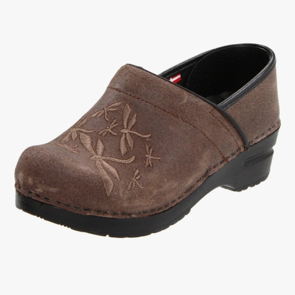 Comfortable Women's Brown Suede Clog with Embroidered Detail